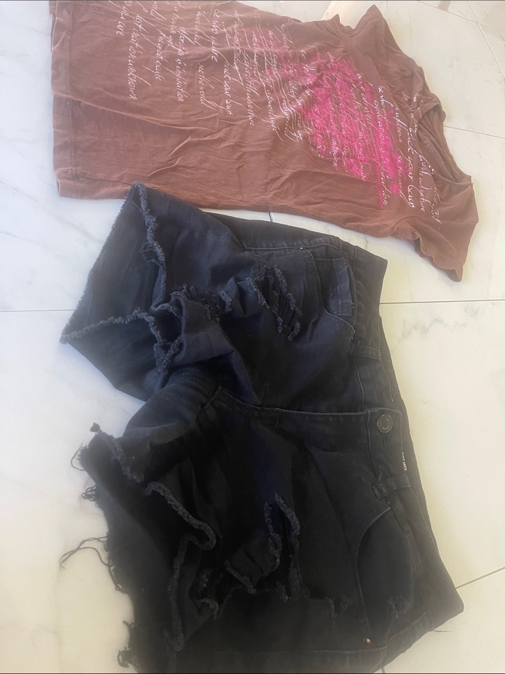 Brown Graphic Tee with Pink Heart Detail + Black Distressed Denim Shorts OUTFIT
